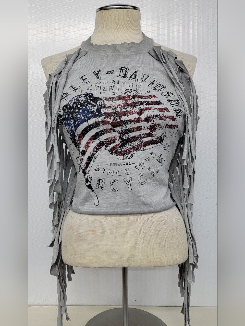 Harley-Davidson Fringe Halter Top with Distressed American Flag Upcycled